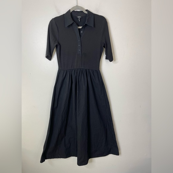 EM+ME Mixed Media Jersey Poplin Shirt Collar Maxi Dress in Black Sz US 6 - Picture 3 of 16